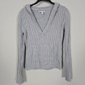 Vintage Old Navy Womens Y2K Cable Knit Hooded Sweater Medium Grey V Neck Preppy